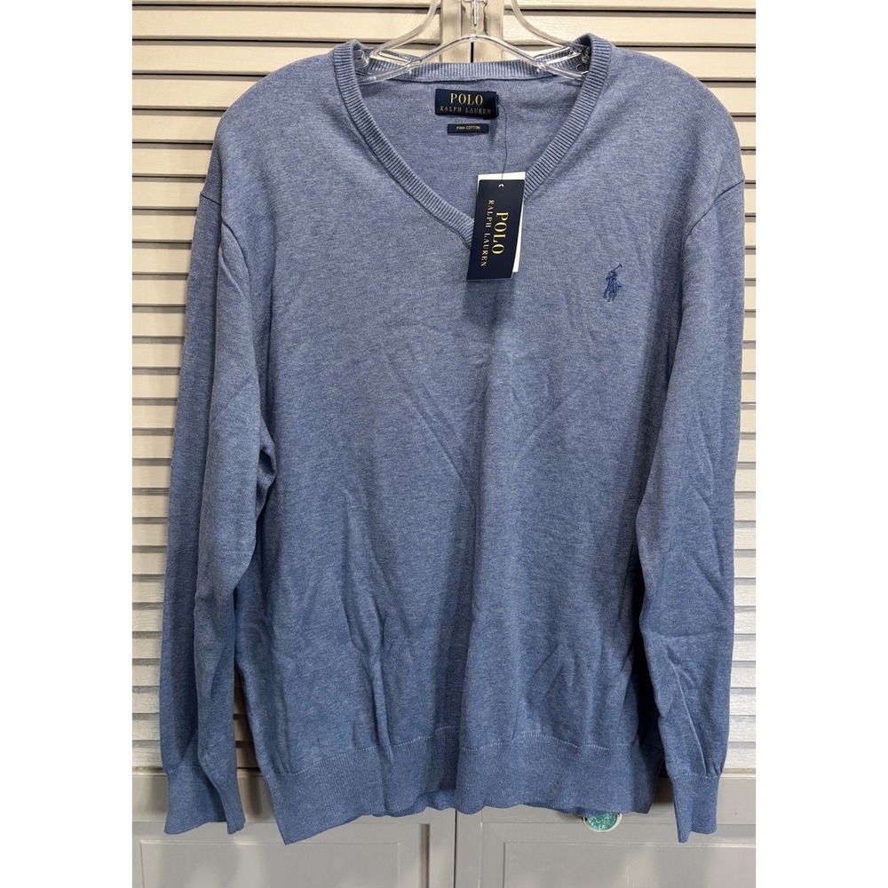 Polo Ralph Lauren Pullover Sweater V‎ Neck Size Large Pima Cotton Ribbed Hem